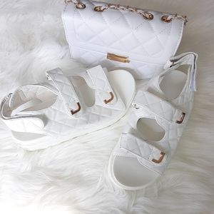 2pc SET: Womens |Juniors White Quilted Platform Chucky Dad sandals +shoulder bag